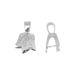 Sterling Silver 13.8mm Width by 12.7mm Height, Leaf Pinch Bail with 5.5mm Width by 6.7mm Height, Sliding Bail at the top. Quantity per pack - 2 Pieces.