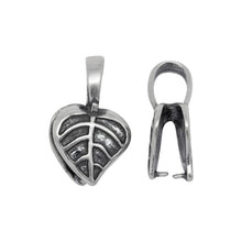 Load image into Gallery viewer, Sterling Silver Oxidized 12.8mm Width by 11.4mm Height, Leaf Pinch Bail with Leaf on both sides and 6.8mm Width by 8.6mm Height, Sliding Bail at the top. Quantity per pack - 2 Pieces.
