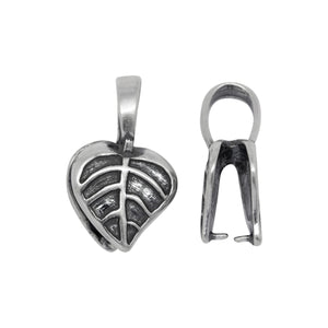 Sterling Silver Oxidized 12.8mm Width by 11.4mm Height, Leaf Pinch Bail with Leaf on both sides and 6.8mm Width by 8.6mm Height, Sliding Bail at the top. Quantity per pack - 2 Pieces.