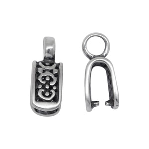 Sterling Silver Oxidized 5.9mm Width by 9.9mm Height, Filigree Pinch Bail with 5.4mm Width, Round Sliding Bail at the top. Quantity per pack - 2 Pieces.