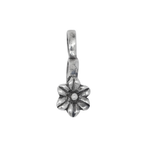 Bails. Sterling Silver Oxidized 9.6mm Width by 15.1mm Height, Flower Pinch Bail with 5.2mm Width by 7.2mm Height, Sliding Bail at the top. Quantity per pack - 2 Pieces.