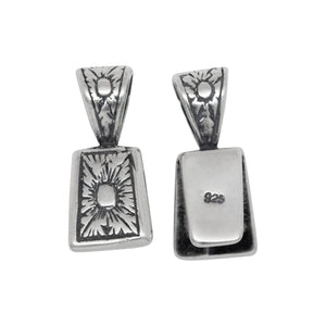 Sterling Silver Oxidized 9.0mm Width by 11.9mm Height, Flat Flower Pinch Bail with 5.4mm Width by 6.0mm Height, Sliding Bail at the top. Quantity per pack - 2 Pieces.