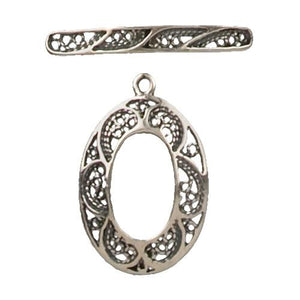 Sterling Silver, 17.8mm Width by 2.2mm Length by 27.5mm Height, Filigree Oval Toggle Clasp Ring, and 28.7mm Width by 3.8mm Length by 4.4mm Height, Filigree Curved Toggle Clasp Bar. Quantity Per Pack: 1 Pair.