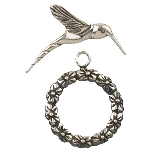 Clasps. Sterling Silver Oxidized 23.4mm Width / Length by 2.2mm Thick Hummingbird Toggle Clasp Ring and 25.8mm Width by 27.8mm Length by 2.1mm Thick Hummingbird Toggle Clasp Bar. Quantity Per Pack: 1 Pair.