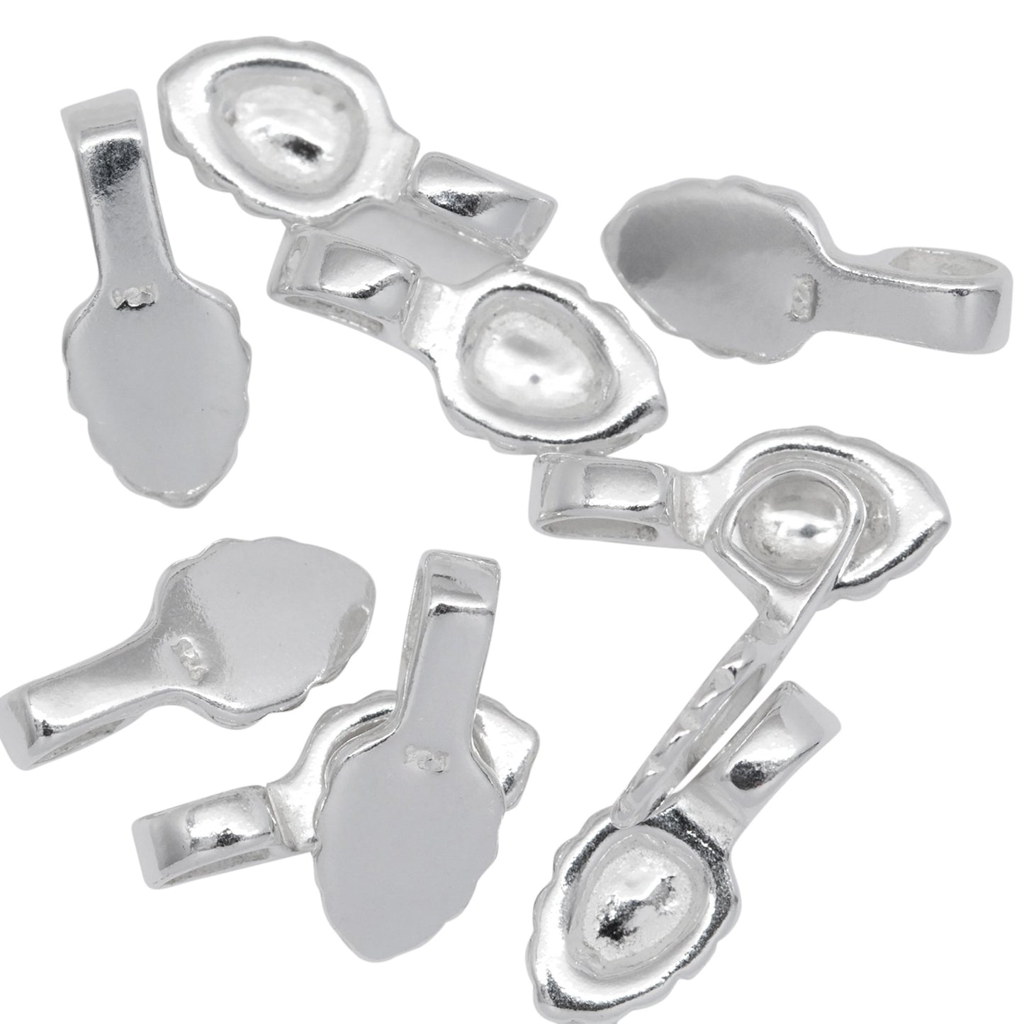 Sterling Silver 5.2mm Width by 7.6mm Height, Glue On Bail with 3.7mm Width by 4.3mm Height, Sliding Bail at the top. Quantity per pack - 10 Pieces.