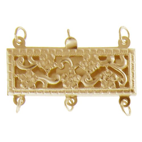 Clasps. Gold Filled 23.4mm Width by 8.5mm Length by 3.5mm Height, 3 Strand Filigree Box Clasp, with 19.7mm Width by 5.7mm Length by 2.0mm Height Fish Hook. Quantity Per Pack: 1 Piece.