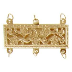 Clasps. Gold Filled 23.4mm Width by 8.5mm Length by 3.5mm Height, 3 Strand Filigree Box Clasp, with 19.7mm Width by 5.7mm Length by 2.0mm Height Fish Hook. Quantity Per Pack: 1 Piece.