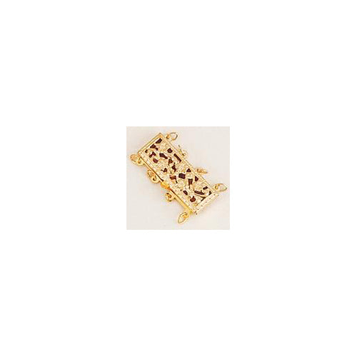 Clasps. Gold Filled 23.5mm Width by 9.0mm Length by 3.6mm Height, 4 Strand Filigree Box Clasp, with 19.6mm Width by 5.7mm Length by 2.0mm Height Fish Hook. Quantity Per Pack: 1 Piece.