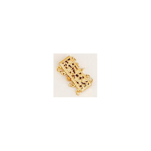 Clasps. Gold Filled 23.4mm Width by 8.7mm Length by 3.7mm Height, 5 Strand Filigree Box Clasp, with 19.6mm Width by 5.7mm Length by 2.0mm Height Fish Hook. Quantity Per Pack: 1 Piece.