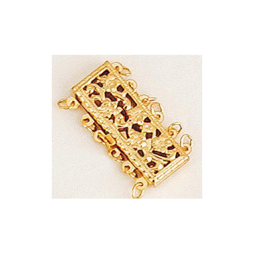 Clasps. Gold Filled 23.5mm Width by 8.5mm Length by 3.8mm Height, 6 Strand Filigree Box Clasp, with 19.6mm Width by 5.9mm Length by 2.5mm Height Fish Hook. Quantity Per Pack: 1 Piece.