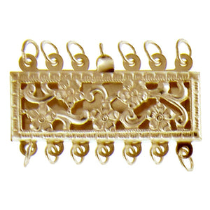 Clasps. Gold Filled 23.9mm Width by 9.9mm Length by 3.6mm Height, 7 Strand Filigree Box Clasp, with 19.7mm Width by 5.8mm Length by 1.7mm Height Fish Hook. Quantity Per Pack: 1 Piece.