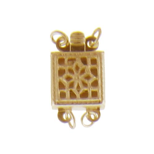 Clasps. Gold Filled 8.3mm Width by 8.6mm Length by 3.5mm Height, 2 Strand Filigree Box Clasp, with 4.1mm Width by 9.2mm Length by 3.6mm Height Fish Hook. Quantity Per Pack: 1 Piece.