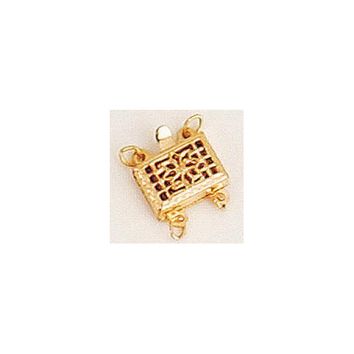 Clasps. Gold Filled 7.4mm Width by 10.4mm Length by 3.5mm Height, 2 Strand Filigree Box Clasp, with 4.7mm Width by 8.9mm Length by 3.6mm Height Fish Hook. Quantity Per Pack: 1 Piece.