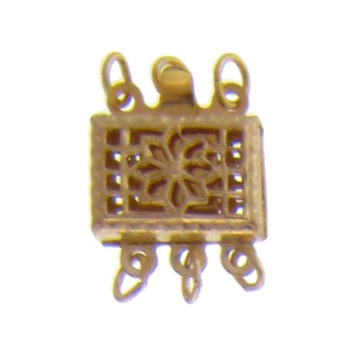 Clasps. Gold Filled 7.3mm Width by 10.5mm Length by 3.9mm Height, 3 Strand Filigree Box Clasp, with 4.7mm Width by 8.9mm Length by 3.6mm Height Fish Hook. Quantity Per Pack: 1 Piece.