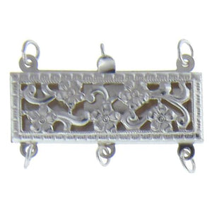 Clasps. Sterling Silver 23.4mm Width by 8.5mm Length by 3.5mm Height, 3 Strand Filigree Box Clasp, with 19.7mm Width by 5.7mm Length by 2.0mm Height Fish Hook. Quantity Per Pack: 1 Piece.