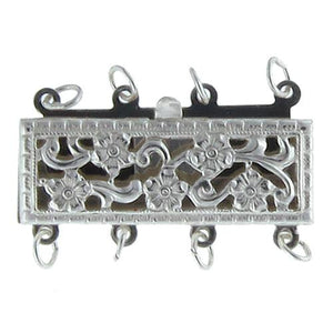 Clasps. Sterling Silver 23.5mm Width by 9.0mm Length by 3.6mm Height, 4 Strand Filigree Box Clasp, with 19.6mm Width by 5.7mm Length by 2.0mm Height Fish Hook. Quantity Per Pack: 1 Piece.