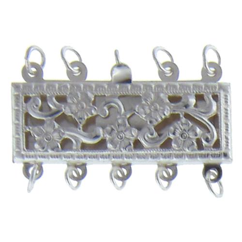 Clasps. Sterling Silver 23.4mm Width by 8.7mm Length by 3.7mm Height, 5 Strand Filigree Box Clasp, with 19.6mm Width by 5.7mm Length by 2.0mm Height Fish Hook. Quantity Per Pack: 1 Piece.