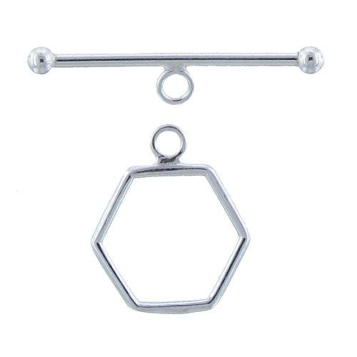 Clasps. Sterling Silver 16.9mm Width by 15.0mm Length Plain Hexagon Toggle Clasp Ring and 1.5mm Width by 28.0mm Length Plain Hexagon Toggle Clasp Bar. Quantity Per Pack: 3 Pairs.