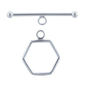 Clasps. Sterling Silver 16.9mm Width by 15.0mm Length Plain Hexagon Toggle Clasp Ring and 1.5mm Width by 28.0mm Length Plain Hexagon Toggle Clasp Bar. Quantity Per Pack: 3 Pairs.