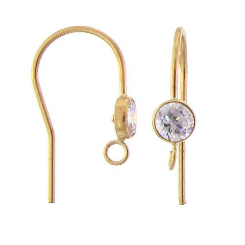 Ear Findings. Gold Filled 20.0 Gauge, 10.7mm Width by 20.0mm Height, Ear Wire With 4.6mm Clear CZ Crystal and 2.7mm Width / Length Open Ring towards the front bottom. Quantity Per Pack: 2 Pieces.