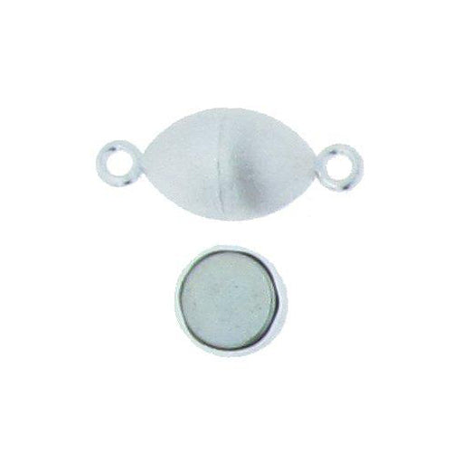 Clasps. Sterling Silver 10.0mm Width by 24.2mm Length, Satin Oval Magnetic Clasp with 16.0 Gauge 4.4mm Closed Ring on Each Side. Quantity Per Pack: 2 Pairs.