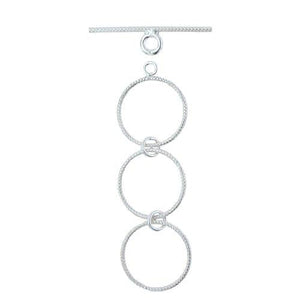 Clasps. Sterling Silver 16.2mm Width / Length, Textured Circle Toggle Clasp Ring with Two 16.2mm Extender Links, and 1.2mm Width by 27.8mm Length, Textured Toggle Clasp Bar. Quantity Per Pack: 3 Pairs.