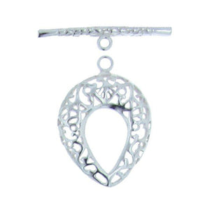 Clasps. Sterling Silver 23.2mm Width by 28.2mm Length by 3.4mm Thick, Filigree Tear Drop Toggle Clasp Ring and 3.0mm Width by 32.2mm Length, Textured Toggle Clasp Bar. Quantity Per Pack: 1 Pair.