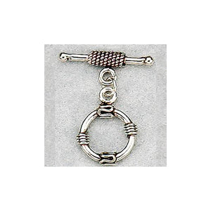 Sterling Silver Oxidized, 16.3mm Width by 20.4mm Height, Fancy Circle Bali Toggle Clasp Ring and 24.1mm Width by 3.5mm Length, Fancy Bali Toggle Clasp Bar. Quantity Per Pack: 3 Pairs.