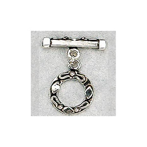 Sterling Silver Oxidized, 15.1mm Width by 19.0mm Height, Fancy Flat Circle Toggle Clasp Ring and 21.2mm Width by 2.9mm Length, Fancy Flat Toggle Clasp Bar. Quantity Per Pack: 2 Pairs.