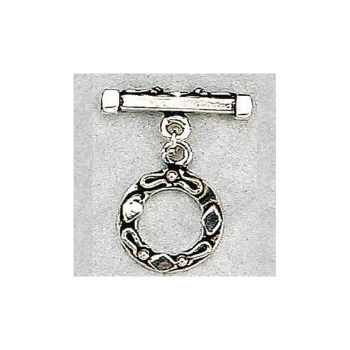 Sterling Silver Oxidized, 15.1mm Width by 19.0mm Height, Fancy Flat Circle Toggle Clasp Ring and 21.2mm Width by 2.9mm Length, Fancy Flat Toggle Clasp Bar. Quantity Per Pack: 2 Pairs.