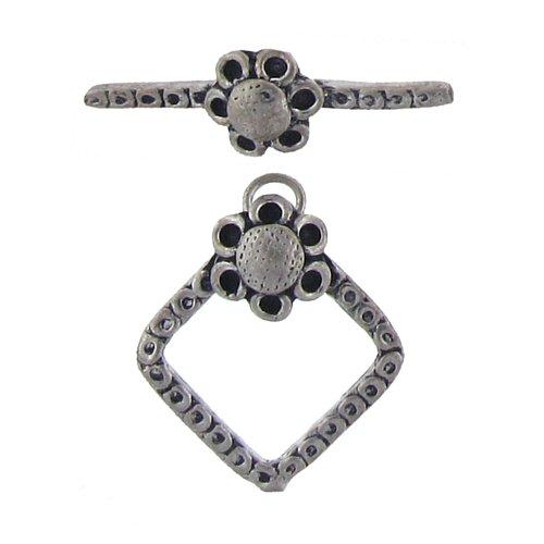 Clasps. Sterling Silver Oxidized 18.2mm Width by 20.1mm Length, Fancy Flower Toggle Clasp Ring with 2.1mm Width by 27.0mm Length, Fancy Flower Toggle Clasp Bar. Quantity Per Pack: 2 Pairs.