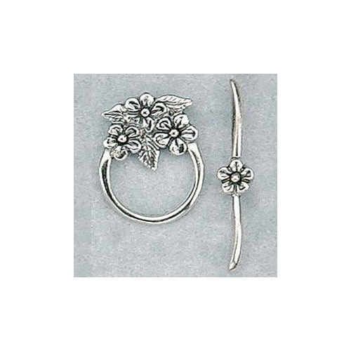 Clasps. Sterling Silver Oxidized 18.2mm Width by 23.3mm Length, Fancy Flower Toggle Clasp Ring with 2.1mm Width by 32.3mm Length, Fancy Flower Toggle Clasp Bar. Quantity Per Pack: 1 Pair.