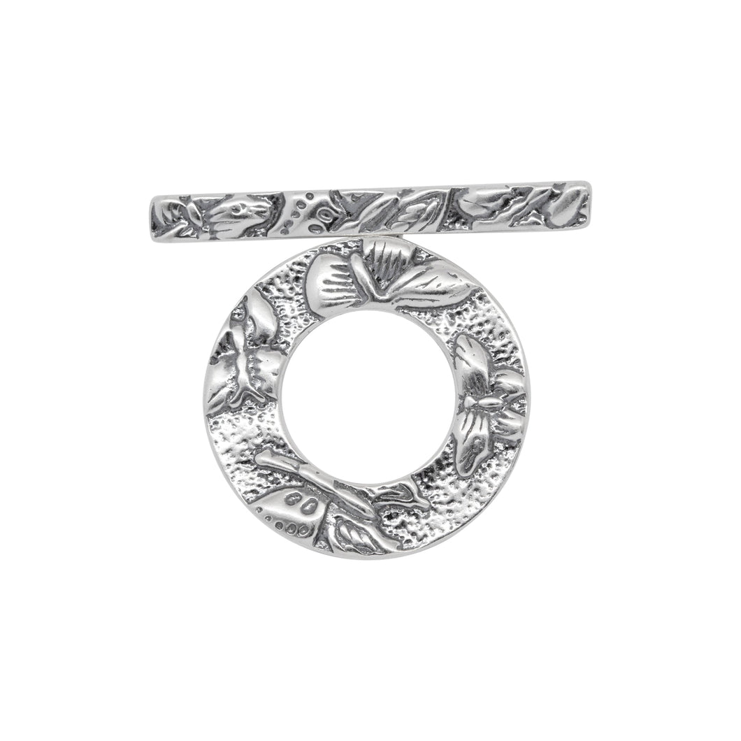 Clasps. Sterling Silver Oxidized 23.5mm Width / Length, Textured Butterfly Toggle Clasp Ring Attached With 32.0mm Length by 3.6mm Width, Textured Butterfly Toggle Clasp Bar. Quantity Per Pack: 2 Pairs.