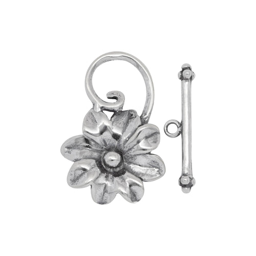 Clasps. Sterling Silver Oxidized 16.8mm Width by 25.2mm Length by 1.2mm Thick, Flower Toggle Clasp With 20.9mm Length by 1.6mm Thick Toggle Clasp Bar, Toggle Clasp. Quantity Per Pack: 2 Pairs.