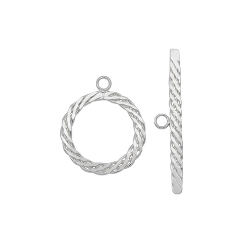 Clasps. Sterling Silver 18.0 Gauge, 23.1mm Width / Length, Flat Twisted Toggle Clasp Ring, With 2.7mm Width by 39.2mm Length Toggle Clasp Bar, Flat Twisted Toggle Clasp. Quantity Per Pack: 3 Pieces.