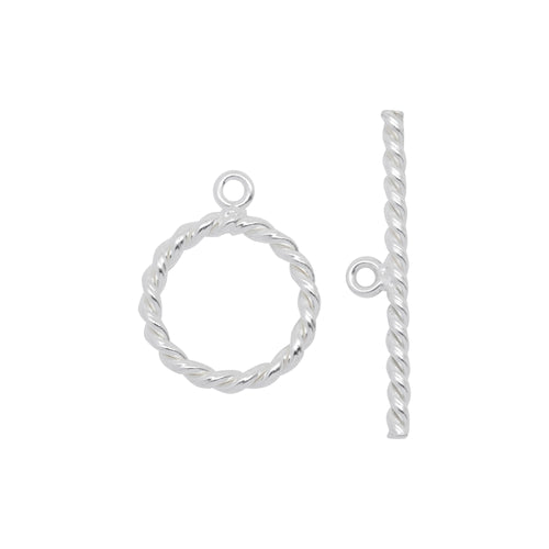 Clasps. Sterling Silver 13.0 Gauge, 13.4mm Width / Length, Twisted Circle Toggle Clasp Ring, With 1.7mm Width by 25.0mm Length Toggle Clasp Bar, Twisted Circle Toggle Clasp. Quantity Per Pack: 10 Pairs.