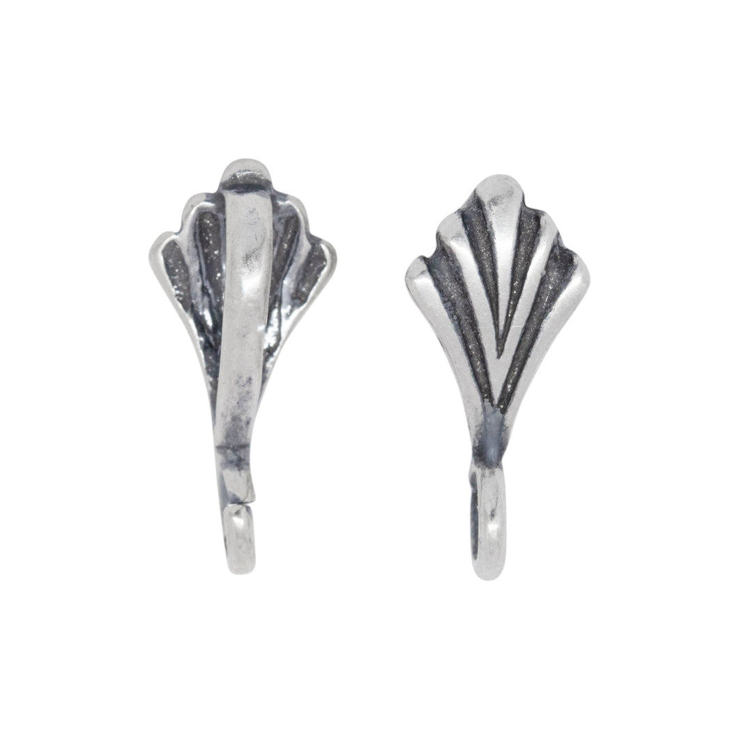 Bails. Sterling Silver Oxidized 4.7mm Width by 6.2mm Length by 10.7mm Height, Shell Sliding Bail with 18.0 Gauge 4.5mm Width / Length Open Ring. Quantity per pack - 5 Pieces.