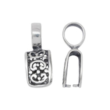 Load image into Gallery viewer, Bails. Sterling Silver Oxidized 3.1mm Length by 7.3mm Width, Smooth Sliding Bail With 5.6mm Width by 8.1mm Length, Filigree Pinch Bail at the Bottom. Quantity per pack - 2 Pieces.
