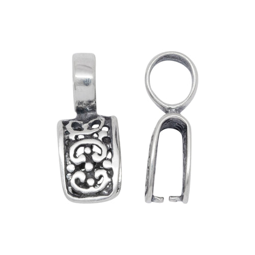 Bails. Sterling Silver Oxidized 3.1mm Length by 7.3mm Width, Smooth Sliding Bail With 5.6mm Width by 8.1mm Length, Filigree Pinch Bail at the Bottom. Quantity per pack - 2 Pieces.