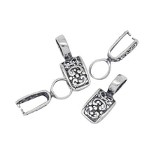 Load image into Gallery viewer, Sterling Silver Oxidized 3.1mm Length by 7.3mm Width, Smooth Sliding Bail With 5.6mm Width by 8.1mm Length, Filigree Pinch Bail at the Bottom. Quantity per pack - 2 Pieces.
