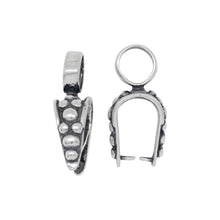 Load image into Gallery viewer, Bails. Sterling Silver Oxidized 3.0mm Length by 7.6mm Width, Smooth Sliding Bail With 10.7mm Width by 6.8mm Length, Dotted Textured Pinch Bail at the Bottom. Quantity per pack - 3 Pieces.
