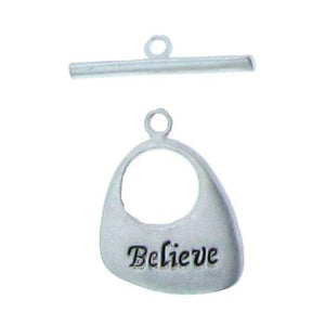 Sterling Silver, 16.5mm Width by 1.9mm Length by 21.2mm Height, Matte "Believe" Fancy Toggle Clasp Ring and 3.6mm Width by 21.2mm Length, Matte Flat Toggle Clasp Bar. Quantity Per Pack: 2 Pairs.