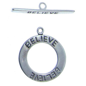 Sterling Silver Oxidized, 21.1mm Width by 1.0mm Length by 24.8mm Height, "Believe" Round Toggle Clasp Ring and 4.0mm Width by 28.0mm Length, Flat Toggle Clasp Bar. Quantity Per Pack: 2 Pairs.