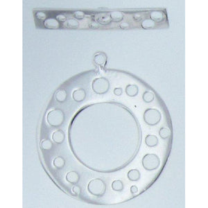 Sterling Silver, 28.8mm Width / Height by 0.9mm thickness, Circle Toggle Clasp with Cut Hole Pattern, and 5.9mm Width / 28.4mm Length, Rectangle Toggle Clasp Bar with Hole Pattern. Quantity Per Pack: 1 Pair.