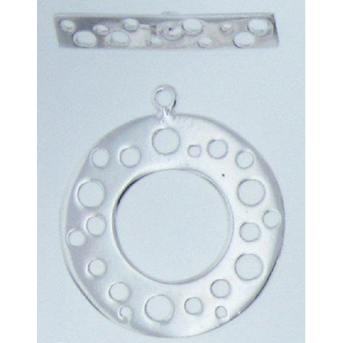 Sterling Silver, 28.8mm Width / Height by 0.9mm thickness, Circle Toggle Clasp with Cut Hole Pattern, and 5.9mm Width / 28.4mm Length, Rectangle Toggle Clasp Bar with Hole Pattern. Quantity Per Pack: 1 Pair.