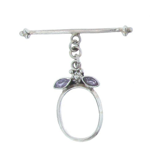 Sterling Silver, 16.2mm Width by 4.0mm Length by 25.1mm Height, Smooth Oval Toggle Clasp Ring with 2 purple 6.42mm CZ, and 2.2mm Width by 36.8mm Length, Toggle Clasp Bar. Quantity Per Pack: 1 Pair.