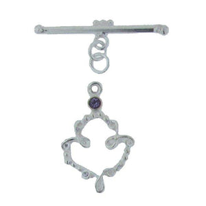 Sterling Silver, 18.0mm Width by 29.0mm Length by 4.0mm Thickness, Fancy Toggle Clasp Ring with 3.0mm Amethyst and 4.5mm Width by 35.1mm Length, Fancy Toggle Clasp Bar. Quantity Per Pack: 1 Pair.