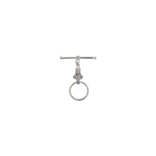 Sterling Silver, 17.7mm Width by 30.5mm Length by 3.7mm Thickness, Fancy Toggle Clasp Ring with Four Quartz Stones and 2.0mm Width by 26.0mm Length, Fancy Toggle Clasp Bar. Quantity Per Pack: 1 Pair.