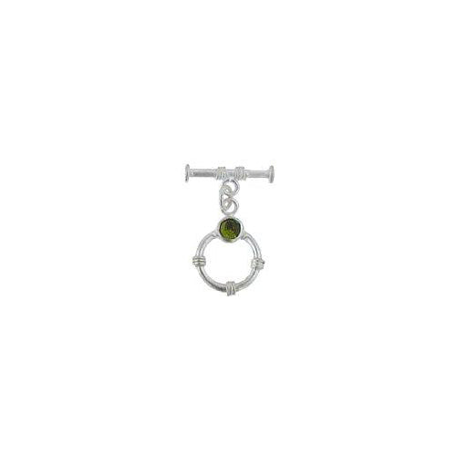 Sterling Silver, 14.5mm Width by 19.6mm Length by 4.4mm Thickness, Fancy Toggle Clasp Ring with 5.5mm Olivine and 3.6mm Width by 17.6mm Length, Fancy Toggle Clasp Bar. Quantity Per Pack: 1 Pair.