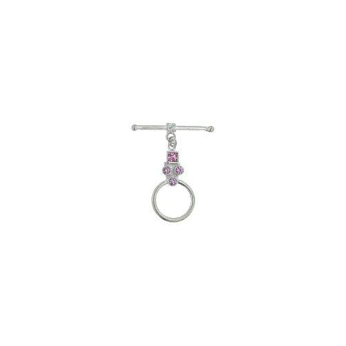 Sterling Silver, 17.7mm Width by 30.5mm Length by 3.7mm Thickness, Fancy Toggle Clasp Ring with Four Rose Quartz Stones and 2.0mm Width by 26.0mm Length, Toggle Clasp Bar. Quantity Per Pack: 1 Pair.